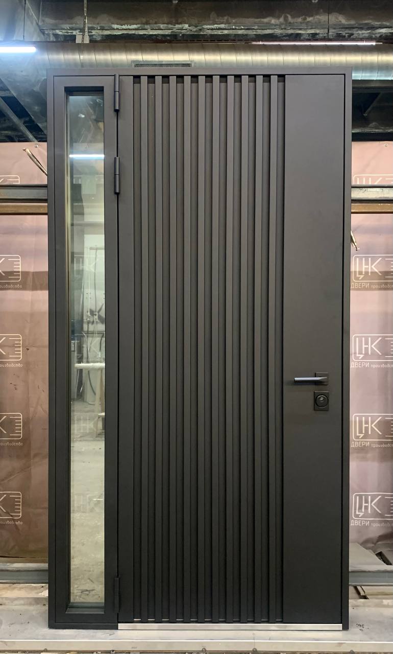 Нестандартная уличная дверь в стиле «high-tech» и глухой створкой